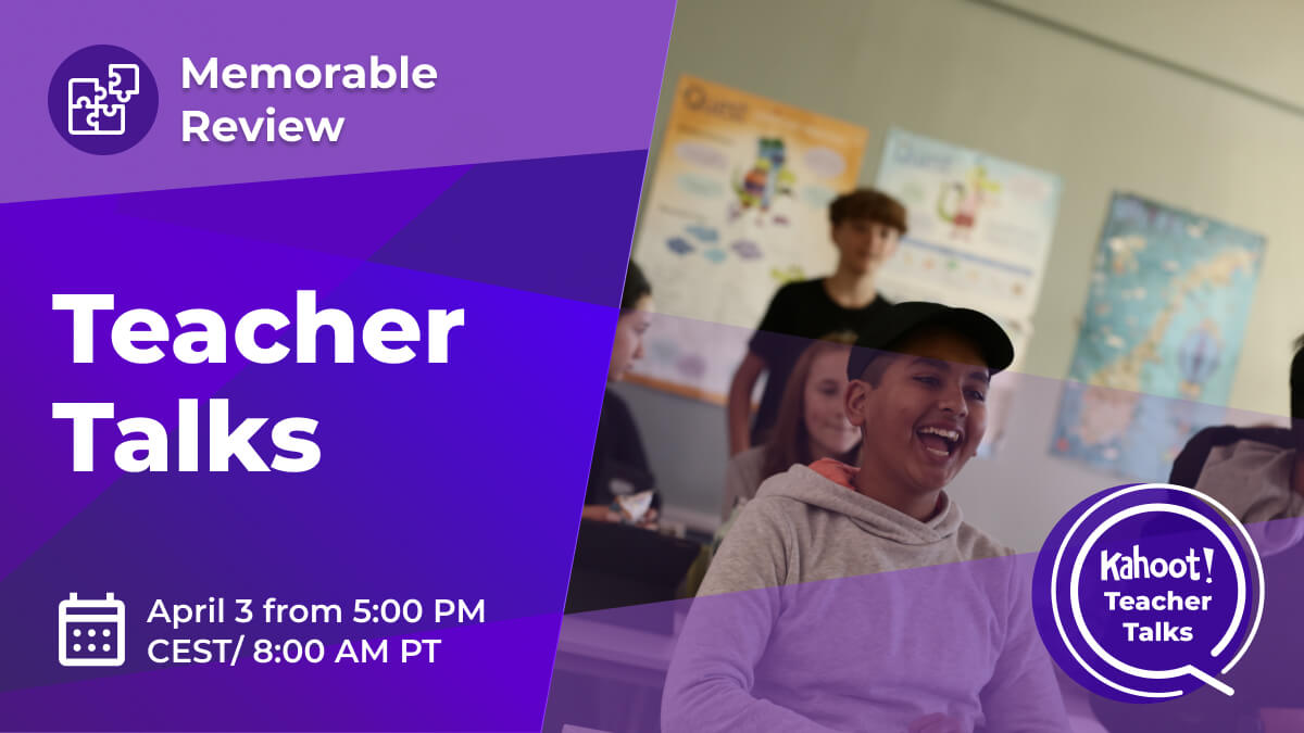 Children celebrating in classroom text reads 'Teacher Talks: April 3 from 5:00 pm CEST/8.00 AM PT