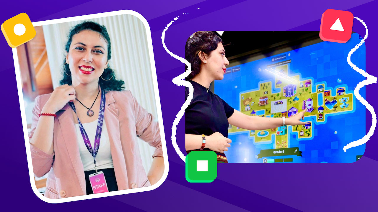 Headshot of a female teacher and Kahootopia on a large screen