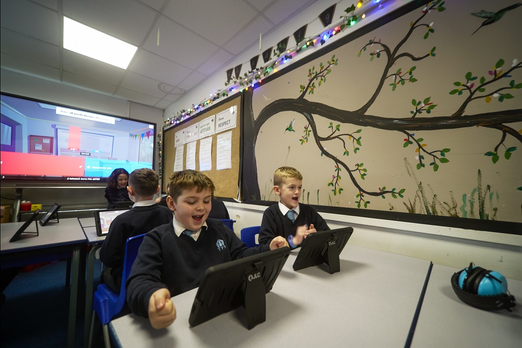 Students playing a kahoot session in a classroom