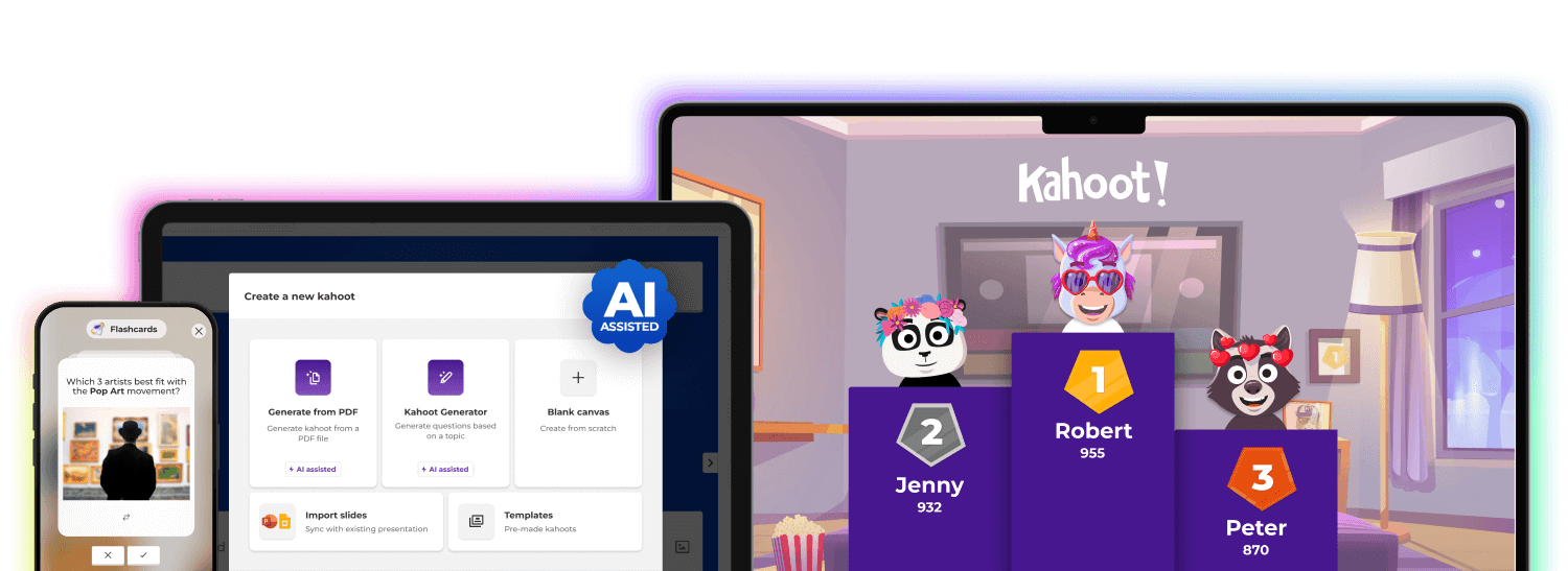 Capturas de pantalla del creador de Kahoot y del podio en diferentes dispositivos