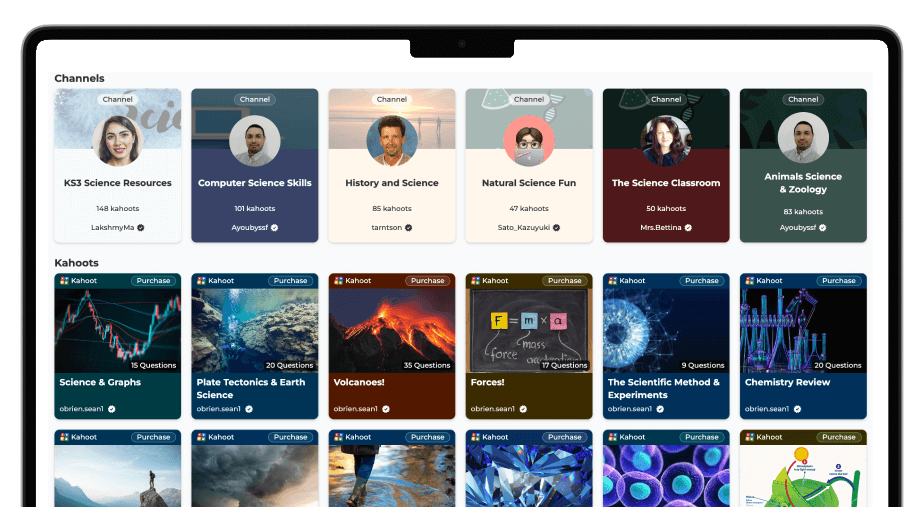 Kahoot! marketplace interface on a tablet, showing Channels for subjects like KS3 Science, Computer Science, and History, along with individual quizzes on Science & Graphs, Volcanoes, and Chemistry Review.