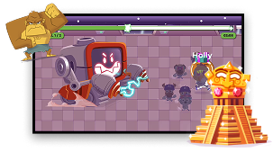 Screenshot of a game with animated characters battling a large, menacing robot, with a golden temple icon in the foreground.