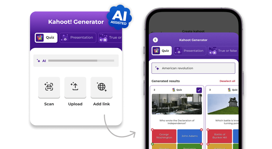 Screenshots showing the Kahoot! Generator tool, which is AI-assisted, demonstrating the creation of a quiz based on the topic 
