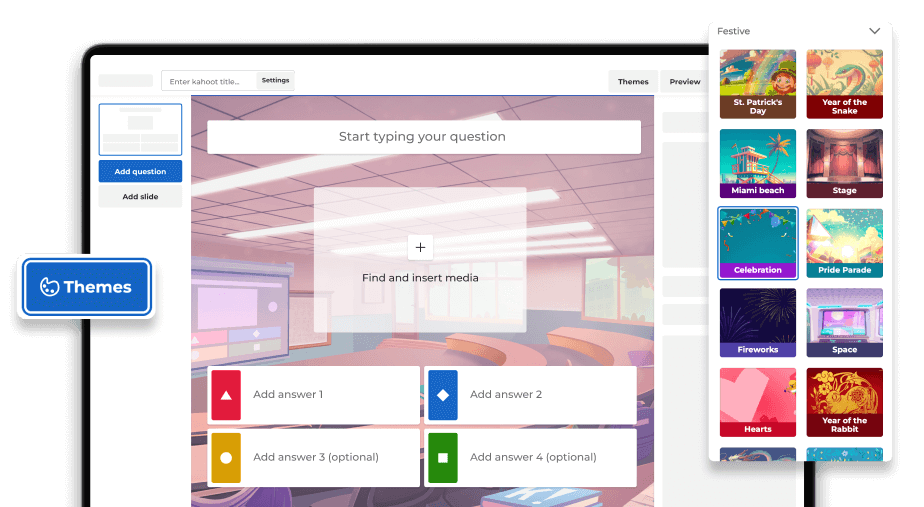 Kahoot! creation interface on a laptop, showing the quiz editor for adding questions and answers, with a sidebar previewing various visual themes.