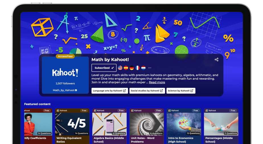 Tablet screen showing the Math by Kahoot! content channel, featuring quizzes on algebra, geometry, and unit rates, all available with AccessPass.