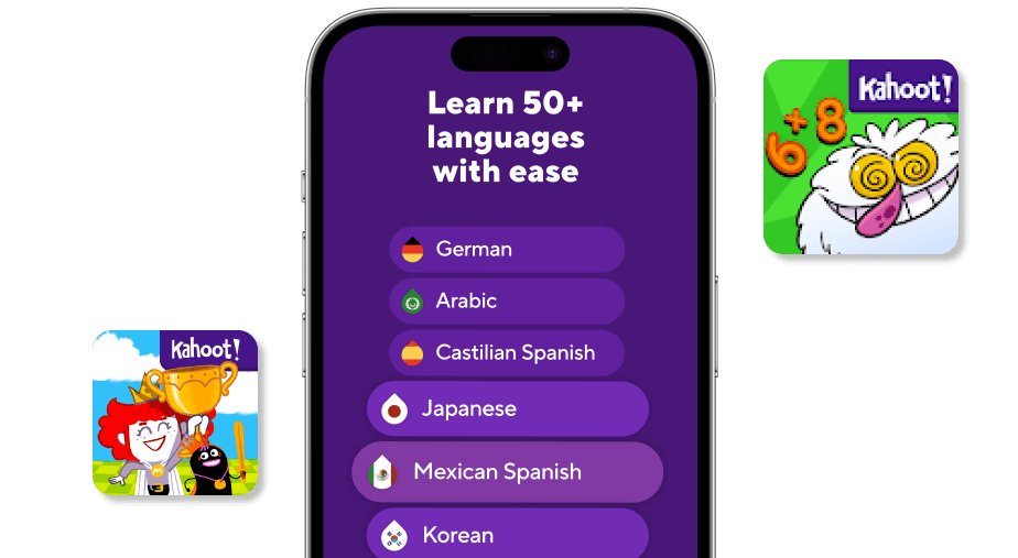 Mobile app screen promoting language learning with Kahoot!, listing options like German, Arabic, Spanish, and Japanese. Two Kahoot! app icons are visible on the side.