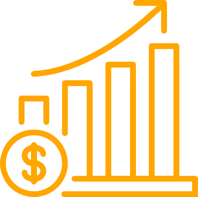 A simple yellow line icon showing a bar chart with an upward-pointing arrow and a coin with a dollar sign, representing financial growth and success.