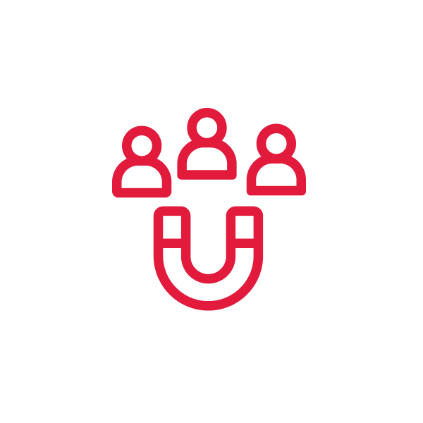 A red line-art icon featuring a magnet attracting three simplified human figures.