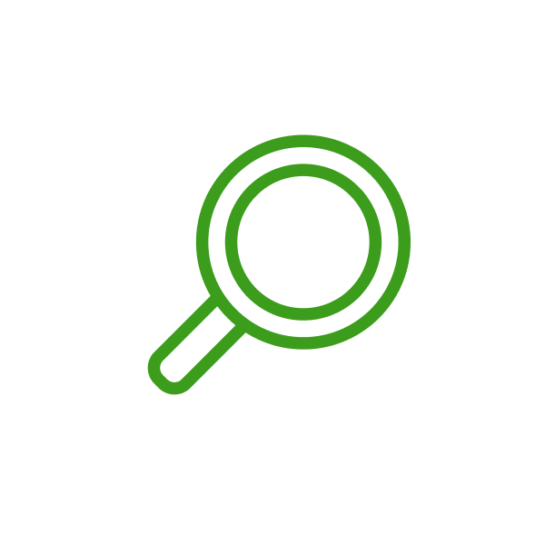 A green line-art icon of a magnifying glass.