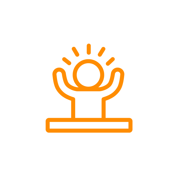An orange line-art icon of a person with raised arms and a glowing head, standing behind a horizontal bar.