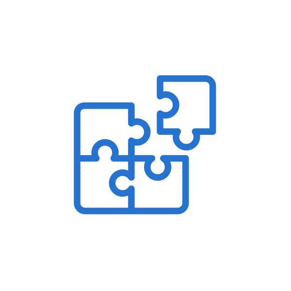 A blue line-art icon of four puzzle pieces, with one piece slightly separated from the others.