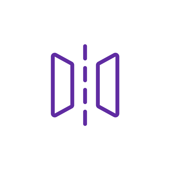 A purple line-art icon showing two symmetrical trapezoids facing inward, separated by a vertical dashed line.