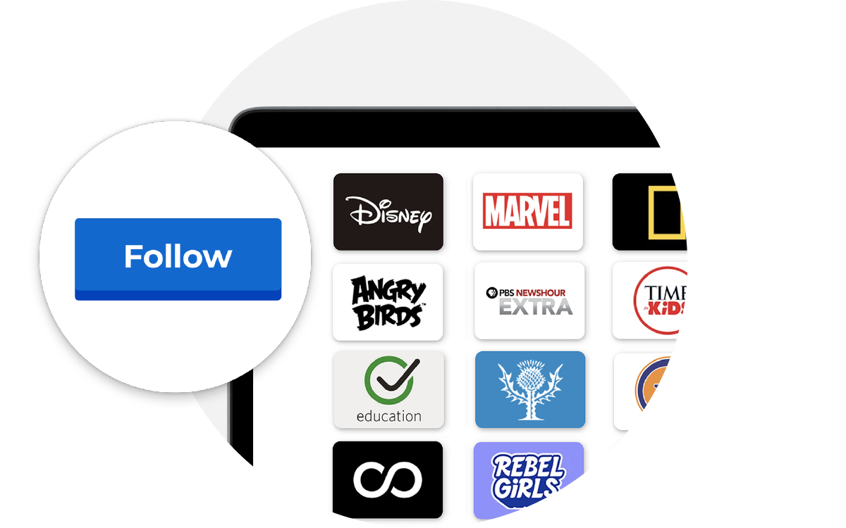 Tablet screen showing a content discovery page with tiles for brands like Disney and Marvel, with a prominent 