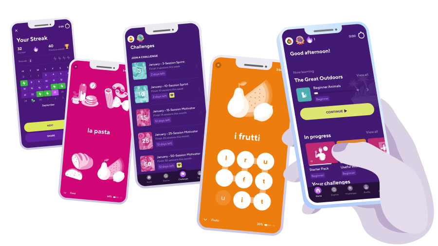 Different mobile screens showing drops language learning app