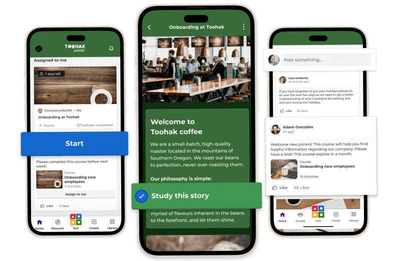 Three separate mobile devices showing Kahoot! courses