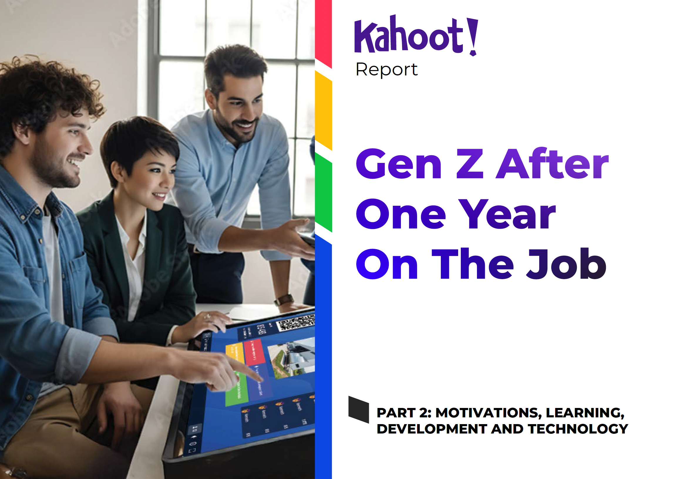 Three employees participating in a kahoot session next to the report title "Gen Z After One Year On The Job"