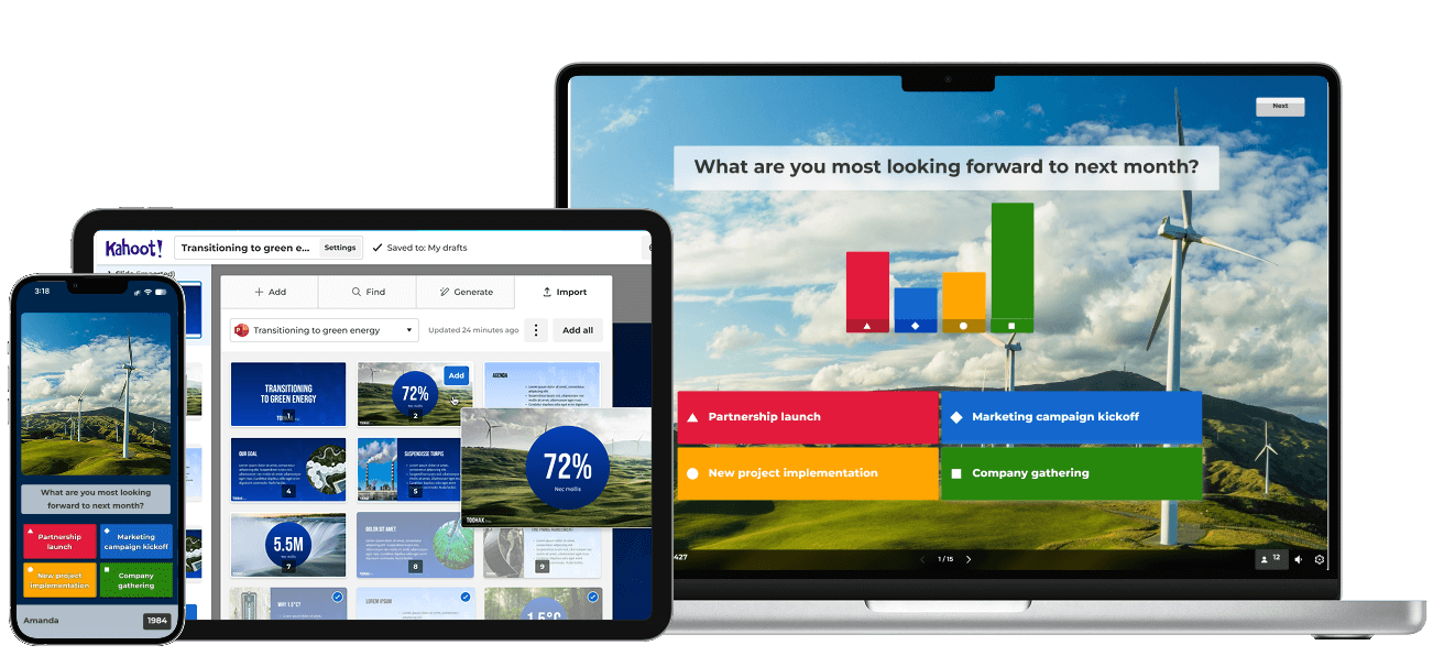 Kahoot! product feature screenshots on different types of devices