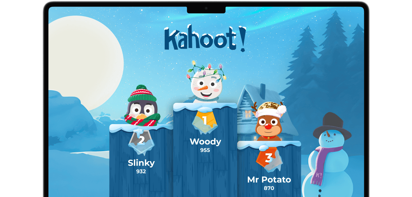 Kahoot! characters on podium on Macbook screen