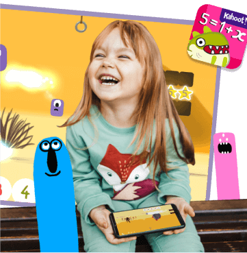 Smiling young girl holding a phone learning Math with Kahoot!