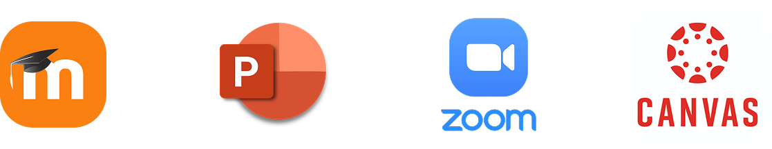 A row of logos for popular digital tools, including Moodle (white "m" with a graduation cap on an orange background), Microsoft PowerPoint, Zoom, and Canvas.