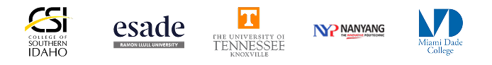 A row of logos for educational institutions, including College of Southern Idaho, Esade Ramon Llull University, The University of Tennessee Knoxville, Nanyang Polytechnic, and Miami Dade College.