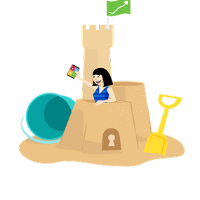 Sand castle illustration with woman holding mobile device