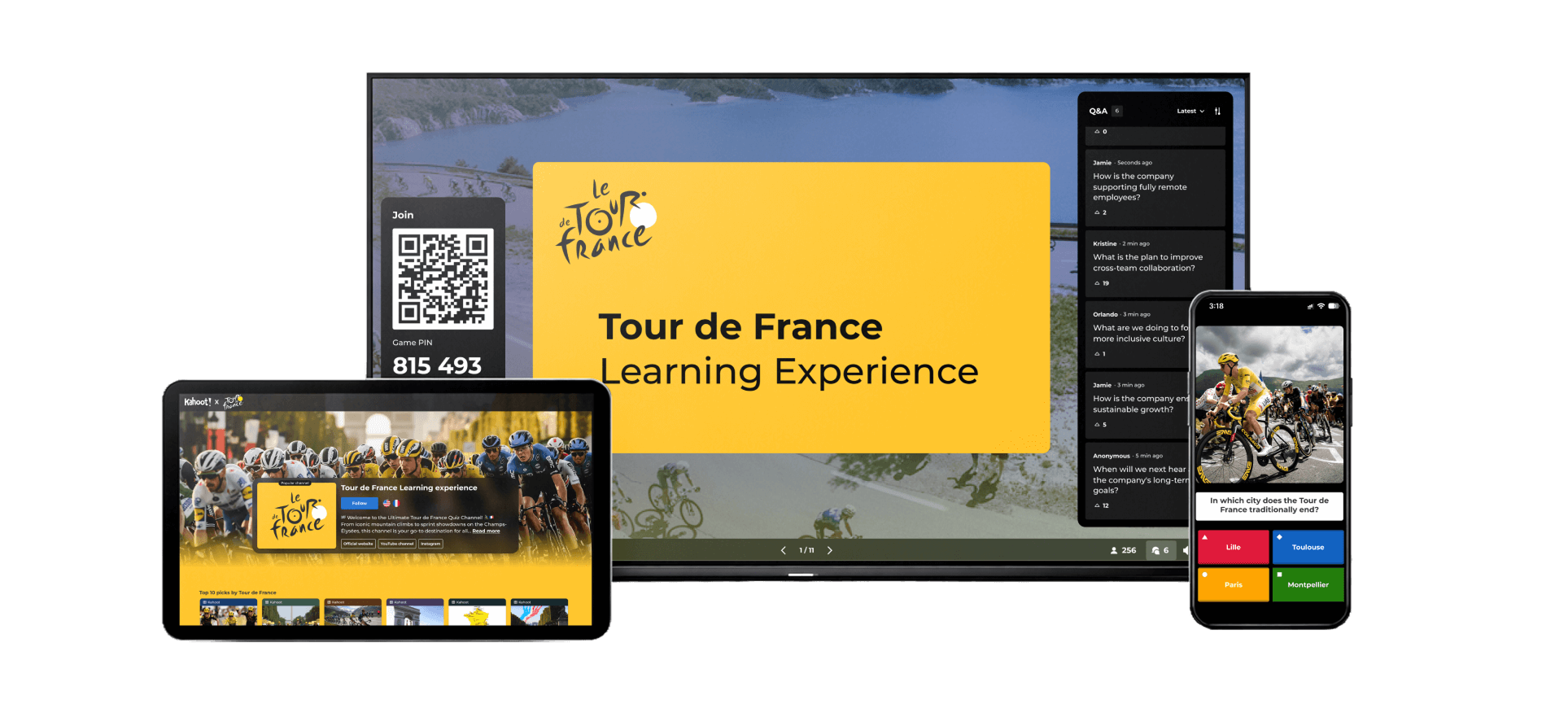 A large monitor, a tablet, and a smartphone are arranged to showcase the Tour de France Learning Experience on the Kahoot! platform. The main monitor displays a yellow landing page with the event title, a QR code, and a Game PIN (815 493) for joining. A Q&A panel on the right side of the monitor features questions about company culture and remote support. The tablet shows a channel overview with racing photos, and the smartphone displays a live question: "In which city does the Tour de France traditionally end?" with color-coded answer options for Lille, Toulouse, Paris, and Montpellier.