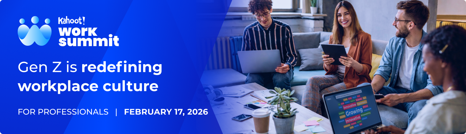 A group of four young professionals in an informal office setting. One woman in a brown blazer smiles while holding a tablet, and another person uses a laptop in the foreground displaying a Kahoot! word cloud for "What describes our company culture?" with "Growing" and "Innovative" prominently visible.